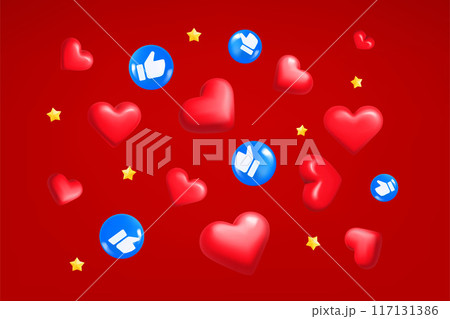 Flying red hearts and thumbs up symbols isolated on red background. 3d vector illustration 117131386