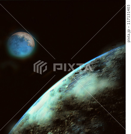 A planet with a thin atmosphere and a moon on the background of space A planet with a thin atmosphere and a moon on the background of space 117131403