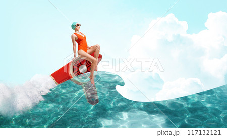 Poster. Contemporary art collage. Woman in swimsuit rides hair dryer like surfboard, gliding over ocean waves against backdrop of clear blue sky. 117132121