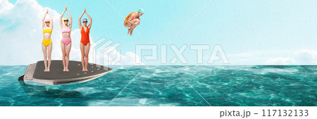 Banner. Contemporary art collage. Women, friends in vintage swimsuits pose on vintage iron as boat while another dives into ocean. Banner. Contemporary art collage. Women, friends in vintage swimsuits pose on vintage iron as boat while another dives into ocean. 117132133
