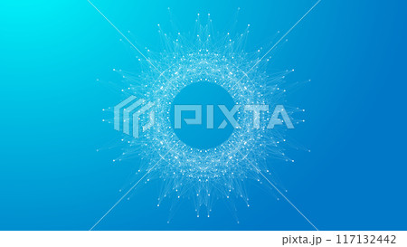 Scientific illustration quantum computer technology. Plexus fiction effect. Deep learning artificial intelligence. Big data algorithms visualization. Quantum explosion background. 117132442
