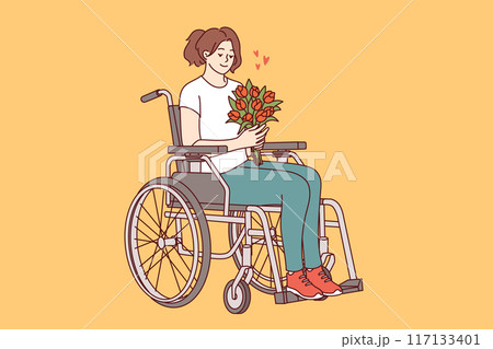 Woman sits in wheelchair with bouquet of flowers, feeling positive thanks to gift from admirer 117133401
