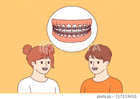 Dental braces in mouth of boy and girl visiting dentist for teeth straightening procedure 117133410
