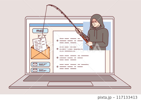 Hacker uses phishing to hack email via internet on laptop and steal confidential emails 117133413