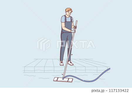 Man pool cleaner uses electric hoover with hose to suck out algae and debris from bottom 117133422