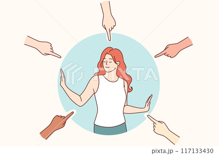 Woman protects personal boundaries and prevents people around from invading hoover space 117133430