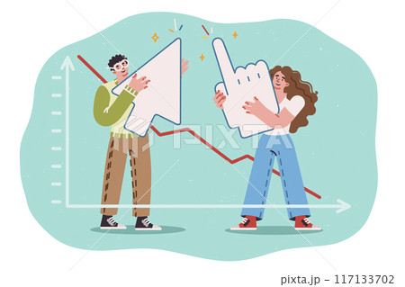 Man and woman marketing analysts stand near graph analyzing number of clicks from contextual ads 117133702