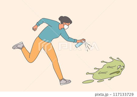 Woman with antiseptic runs after virus bacterium, destroying disease and preventing spread epidemic Woman with antiseptic runs after virus bacterium, destroying disease and preventing spread epidemic 117133729