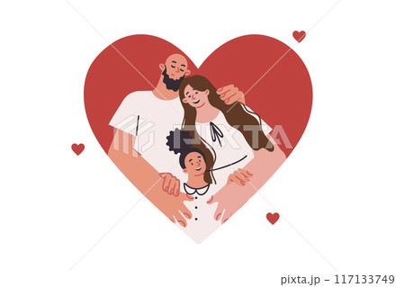 Happy family of parents and little daughter hugging located in big heart, symbolizing mutual love Happy family of parents and little daughter hugging located in big heart, symbolizing mutual love 117133749
