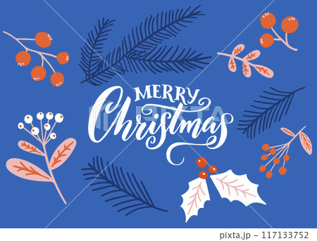 Blue vintage lettering Merry Christmas greeting card, decorated with holly berries and branches, folk art motif. Vector nature template 117133752
