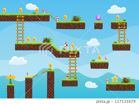 Game level map. Arcade 2d video game for old computer or console. Cartoon computer or mobile arcade with bonus items, jumping road to goal play. Vector cartoon illustration Game level map. Arcade 2d video game for old computer or console. Cartoon computer or mobile arcade with bonus items, jumping road to goal play. Vector cartoon illustration 117133879