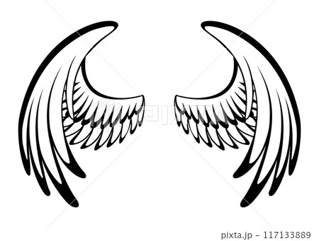 Wings sketch. Stylized birds wings. Hand drawn contoured stiker wing in open position. Vector design elements in coloring style 117133889