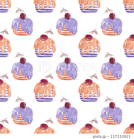 Holiday cupcakes with frosting and cherries. Watercolor holiday pattern 117133921