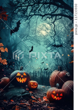 Spooky Halloween night with carved pumpkins and bats in a dark forest. Generative AI 117133930