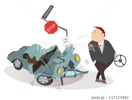 Man has got into a road accident. Annoyed man spitting to the car which crashed into the road sign Man has got into a road accident. Annoyed man spitting to the car which crashed into the road sign 117133982