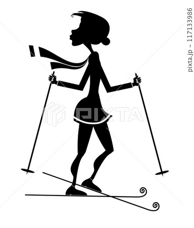 Illustration of young skier woman. Winter sport. Young woman skiing. Black on white background Illustration of young skier woman. Winter sport. Young woman skiing. Black on white background 117133986