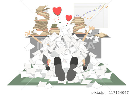 Office. Young man and woman in love, laying on the floor under big piles of papers. All you need is love. Love business couple rendezvous. Heart symbols Office. Young man and woman in love, laying on the floor under big piles of papers. All you need is love. Love business couple rendezvous. Heart symbols 117134047