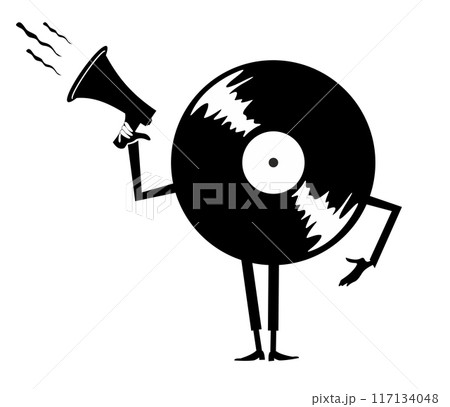 Cartoon long playing record holding megaphone. Retro record player. Cartoon long playing record makes announcement to megaphone. Black and white illustration Cartoon long playing record holding megaphone. Retro record player. Cartoon long playing record makes announcement to megaphone. Black and white illustration 117134048