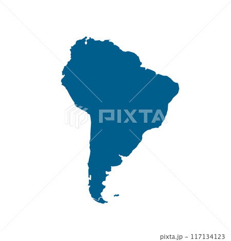 Vector map silhouette of South America, showcasing its distinct shape and geographical layout. Ideal for educational and design purpose, graphic emphasizes the continent borders without any details. Vector map silhouette of South America, showcasing its distinct shape and geographical layout. Ideal for educational and design purpose, graphic emphasizes the continent borders without any details. 117134123