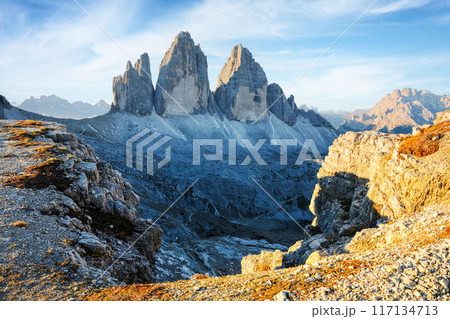 Majestic Three Peaks of Lavaredo mountain group on autumn time 117134713