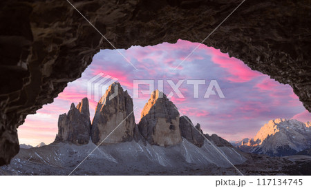 Panoramical view from the cave on Tre Cime Di Lavaredo peaks Panoramical view from the cave on Tre Cime Di Lavaredo peaks 117134745