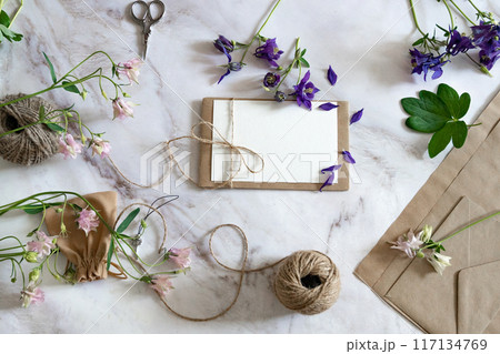 Marble desk with pink and blue flowers, postcard, kraft envelope, twine, cotton branch. Layout of Women's Day or Mother's Day, St. Valentine's Day, flat position, top view. Marble desk with pink and blue flowers, postcard, kraft envelope, twine, cotton branch. Layout of Women's Day or Mother's Day, St. Valentine's Day, flat position, top view. 117134769