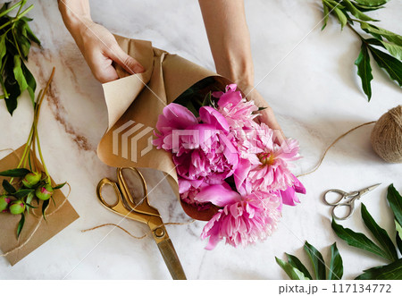 pink persian buttercup flowers in hands. Curly peony ranunculus. Empty spase pink persian buttercup flowers in hands. Curly peony ranunculus. Empty spase 117134772