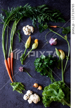 Flat Stacking series assorted green tinted Vegetables, Fresh Organic raw products 117134785