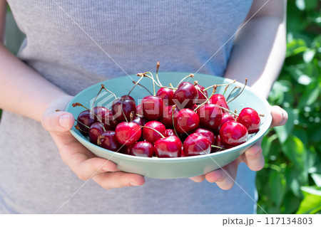 Cherry on decor plate on blue background. Ripe ripe cherries. Sweet red cherries. Fruit Background 117134803
