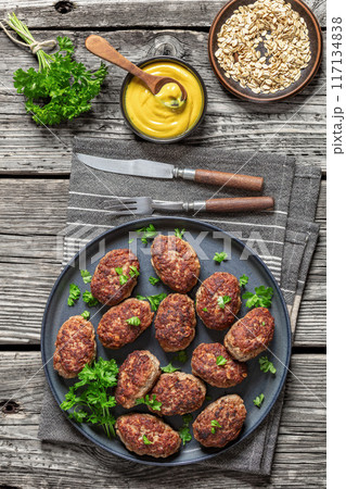 frikadeller, danish meatballs on a plate, top view 117134838