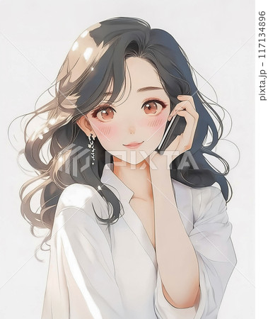 携帯で通話する若い女性のイメージ素材 117134896