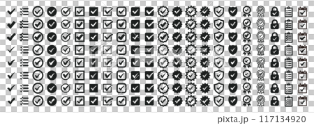 與複選標記相關的各種圖標集（已認證、受保護、剪貼簿、預訂、日曆、公共） 117134920