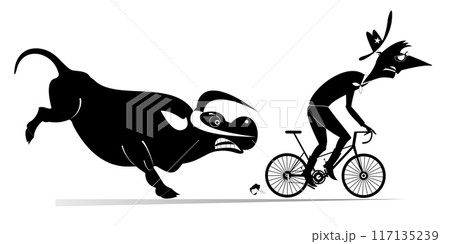Farmer or cowboy and angry bull. Frightened farmer or cowboy escaping from the angry bull on the bike	 Farmer or cowboy and angry bull. Frightened farmer or cowboy escaping from the angry bull on the bike	 117135239