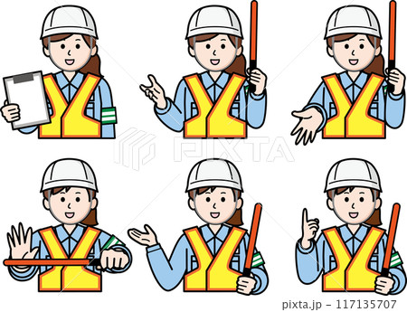 上半身のポーズ6種セット　交通誘導員の女性 117135707