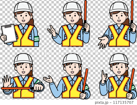 上半身のポーズ6種セット　交通誘導員の女性 117135707