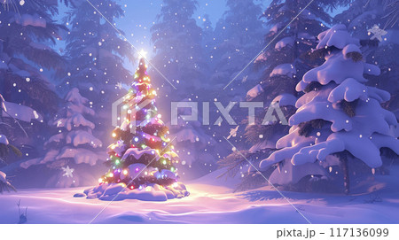 雪の積もった森の中のクリスマスツリー　AI画像 117136099