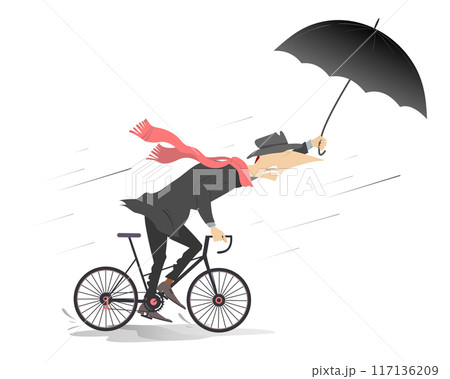 Rainy and windy day and man rides a bike. Man with umbrella rides a bicycle under the strong wind and rain. Isolated on white background	 117136209
