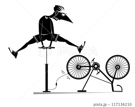 Cyclist man and a broken bicycle. Cyclist man inflates the wheel. Sportsperson repairs the bicycle. Cyclist inflates the wheel on the bicycle. Black and white illustration Cyclist man and a broken bicycle. Cyclist man inflates the wheel. Sportsperson repairs the bicycle. Cyclist inflates the wheel on the bicycle. Black and white illustration 117136210