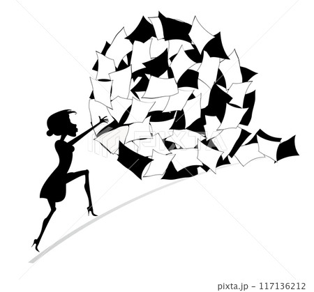 Hard working woman and pile of papers. Concept illustration. Woman rolls up a big ball of papers. Black and white illustration	 117136212