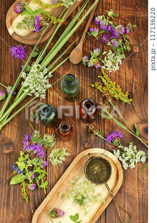 Bottles of tincture, medicinal herbs 117136220