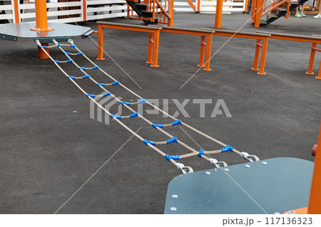 Children Playground with Modern Slide, Rope Net Bridge, Climbing Swings, Climbers. Empty Wooden Playground made of Eco Materials 117136323