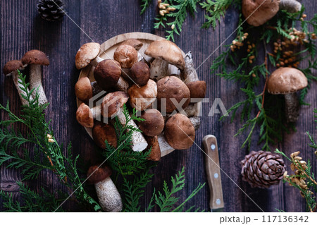 Basket with edible white mushrooms. Boletus edulis. Collect porcini in forest Basket with edible white mushrooms. Boletus edulis. Collect porcini in forest 117136342