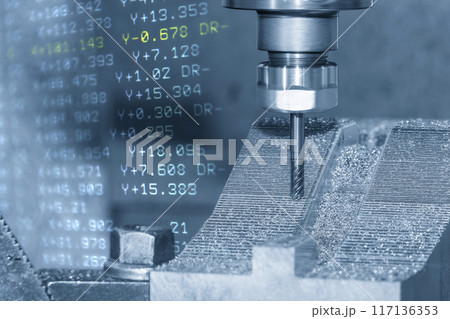 Abstract scene the CNC milling machine cutting mold part by solid bull nose end mill tool and G-code data background. 117136353