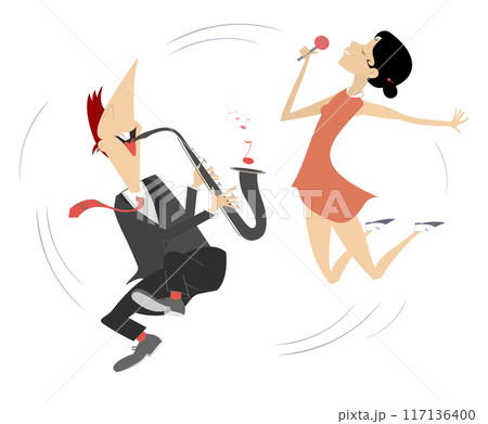 Illustration of saxophonist man and singer woman. Man plays saxophone and singer woman sings to microphone with great inspiration	 117136400