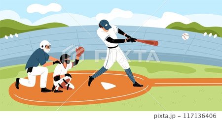 Baseball players on field. Sports championship. People fall down and hit ball with bat. Athletes in uniforms with helmets. Competitive match at stadium. Team game. Garish vector concept Baseball players on field. Sports championship. People fall down and hit ball with bat. Athletes in uniforms with helmets. Competitive match at stadium. Team game. Garish vector concept 117136406