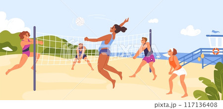 Beach volleyball players. Happy guys and girls hit and throw ball through net on seashore. Sports competitions on sandy coast. Outdoor tournament. Summer vacation. Garish vector concept 117136408