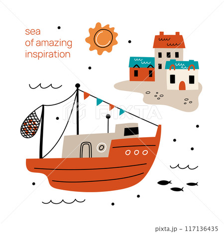 Cartoon sea life card. Ocean travel. Resort town elements. Marine landscape. Fishing trawler. Seaside homes. Ship on water waves. Summer vacation. Nautical journey. Vector tourism poster 117136435