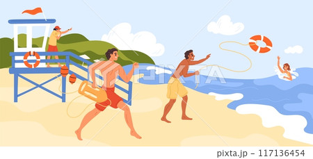 Lifeguard rescues people. Men on beach throw lifebuoy to drowning woman. Sea observation tower. Professional rescuer. Swimming safety. Lifesavers rush to victim. Garish vector concept 117136454