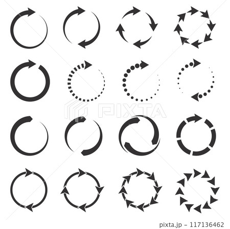 Reloading signs. Loading symbols. Minimal simple black icons. Arrows rotate in circle. Refresh or waiting process. Eco recycle. Spin direction. Vector graphic flat interface elements set 117136462