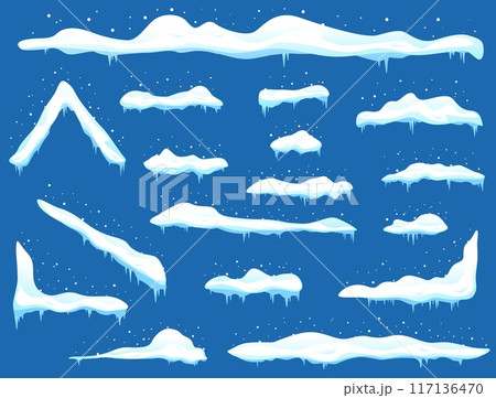 Snow caps. Cartoon snowdrifts. Different shapes with icicles. Winter frame decorations. Snowy roof. Cold season effect. Icy heaps. Distribution by form. White frozen elements vector set Snow caps. Cartoon snowdrifts. Different shapes with icicles. Winter frame decorations. Snowy roof. Cold season effect. Icy heaps. Distribution by form. White frozen elements vector set 117136470